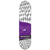 Toy Machine Butcher Monster skateboard deck: White and grey diamond harlequin pattern distorted across the deck, with a purple panel in the middle holding a white line drawing of a horned, grinning monster. Brand and rider name in a black strip below.