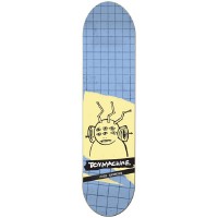 Toy Machine Harmony Trans skateboard deck: Blue deck with a grid of lines and a cream panel holding a simple black line drawing of a many-eyed creature with antennae and headphone-like ear discs. A black strip carries the brand name.