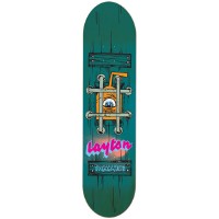 Toy Machine Layton Dungeon skateboard deck: Teal wooden dungeon door with a barred window showing a one-eyed orange juice carton creature, with the rider name in pink graffiti-style script below and a plaque at the bottom.