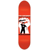 Toy Machine Butcher Working Class skateboard deck: Soviet-style propaganda poster design on red: a black and white figure holding a skateboard aloft in front of a large raised white fist. Text above and below names the brand and rider.