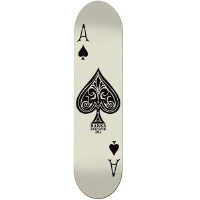 Toy Machine Marks Aces II skateboard deck: Ace of spades playing card on a cream deck, with an ornate black spade at the centre, 'A' and a small spade at opposing corners and tiny maker text beneath the spade.