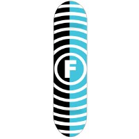 Foundation Vertigo Split Marlin skateboard deck: Concentric horizontal ring stripes radiating around a central circled F logo, split down the middle so the left half is black and white and the right half is light blue and white.