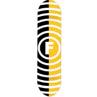 Foundation Vertigo Split Pirate skateboard deck: Concentric horizontal ring stripes radiating around a central circled F logo, split down the middle so the left half is black and white and the right half is yellow and white.