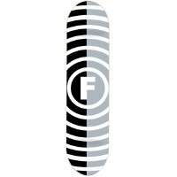 Foundation Vertigo Split Raider skateboard deck: Concentric horizontal ring stripes radiating around a central circled F logo, split down the middle so the left half is black and white and the right half is grey and white.