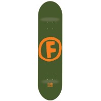 Foundation Doodle F Army/Orange PP skateboard deck: Orange hand-drawn letter F inside a rough circle, centred on a plain army green deck, with a small logo at the tail.