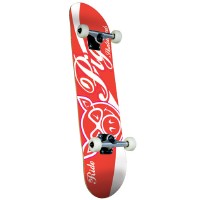 Pig Ride Complete skateboard deck: Red and white complete board with a large script 'Pig' logo, in the style of a cola can, above a white outlined pig-head logo, with 'Ride' in script at the bottom.