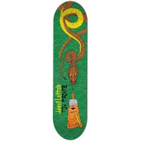 Toy Machine Layton Neofolk skateboard deck: A brown and yellow snake coils down the deck over a green pattern of concentric waves, its head lowered towards an orange seated monk-like figure holding a flute. Rider name and Toy Machine lettering appear in the centre.