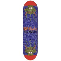 Toy Machine Marks Neofolk skateboard deck: Mirrored pair of green demon or insect creatures with orange horns and dangling legs at each end, over a blue deck patterned with concentric waves and red-orange ends. Rider name and Toy Machine lettering sit in the middle in orange and black.