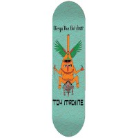Toy Machine Bucchieri Neofolk skateboard deck: Orange upside-down winged figure with a third eye, green wings and a lolling red tongue, holding small items, above a small grey spiked emblem. It sits on a pale turquoise wave-patterned deck, with Diego the Butcher at the top and TOY MACHINE below.