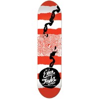 Foundation Fowler Fought The Law skateboard deck: Red and white torn horizontal stripes with a red fingerprint at the centre and a black chain running down the deck to a black ball bearing handwritten script (Ethan Fowler, Foundation).