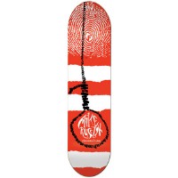 Foundation Rusczyk Fought The Law skateboard deck: Red and white torn stripes with a red fingerprint at the top and a black hangman's noose hanging down to a handwritten name, Mike Rusczyk, with Foundation small text.