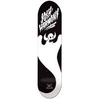 Toy Machine Harmony Ghost skateboard deck: Black deck with a large white ghost shape swooping down the length, a horned Toy Machine monster skull face on its head. Dripping white lettering at the top names the rider.