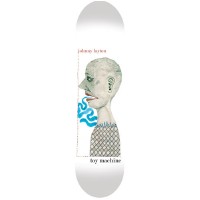 Toy Machine Layton Head skateboard deck: Side-profile painted head of a pale green-grey man with a blue squiggly shape coming from his mouth, in a boxed dotted frame on a white deck. Small red rider name above and Toy Machine logo below.