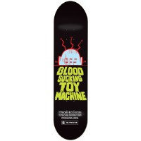 Toy Machine Butcher Movie skateboard deck: Cartoon red-and-blue robot head with lightning bolts above, over large lime green horror-style lettering reading Blood Sucking Toy Machine, with small credit text below, on black.