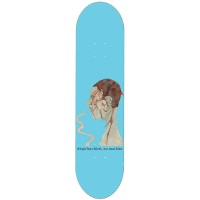 Toy Machine Butcher Head skateboard deck: Painted profile of a bleeding bald head with exposed skin and a wisp of smoke from the mouth, on a plain sky blue deck, with a small line of text beneath.