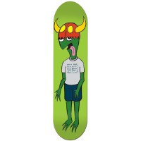 Toy Machine Lurk Fest skateboard deck: Green lizard-like cartoon character with a horned red helmet, drooping tongue and clawed hands, wearing a white t-shirt with small printed text and navy shorts, on a lime green background.