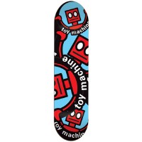 Toy Machine Robot Collage Black skateboard deck: Repeating collage of red square-headed robot characters and curved toy machine lettering in white, cropped at different angles over a light blue and black background.