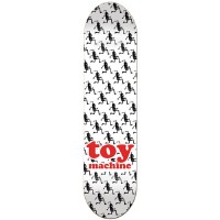 Toy Machine Runner White PP skateboard deck: Repeating pattern of small black running skeleton figures on white in diagonal rows, with a red 'toy machine' logo in the lower half.