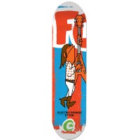Foundation Fowler Odder Pops skateboard deck: Cartoon long-haired guitarist in white shirt and boots holding a guitar upright, against orange-red and blue painted blocks with large partial letters. Green Foundation logo at the tail. Image is low resolution.
