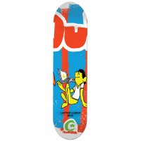 Foundation Rusczyk Odder Pops skateboard deck: Cartoon man sitting cross-legged using a laptop, against orange-red and blue painted blocks with large partial letters. Green Foundation logo at the tail. Image is low resolution.