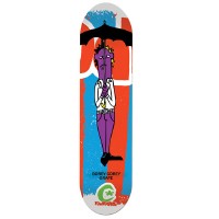 Foundation Duffel Odder Pops skateboard deck: Cartoon purple-skinned man in white shirt and purple trousers holding a black umbrella, against orange-red and blue painted blocks with large partial letters. Green Foundation logo at the tail. Low resolution.