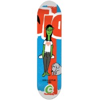 Foundation Nguyen Odder Pops skateboard deck: Cartoon green-skinned girl in a white t-shirt and grey trousers stands beside a grey dog, over a bold red, blue and white torn-paper style background with large partial lettering. Small green logo at the base.