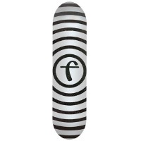 Foundation Vertigo Silver Fiberlam skateboard deck: Black concentric rings radiating from a central circle containing the Foundation 'f' logo, on a silver-white deck.