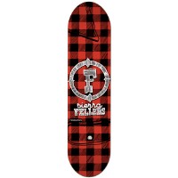 Foundation Fellers Lumberjack skateboard deck: Red and black lumberjack buffalo check pattern across the whole deck, with a circular emblem around a letter F in the middle, a drawn axe head at the top and the rider name in script and block lettering below.