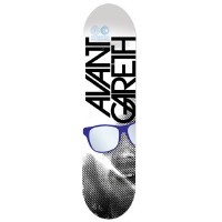 Foundation Stehr Avant Gareth skateboard deck: Halftone black and white portrait of a face wearing blue-framed sunglasses, with large stacked black block lettering reading Avant Gareth across the upper half and a small logo at the top.