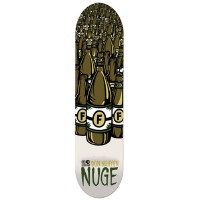 Foundation Nguyen Bender skateboard deck: Rows of olive-green bottles marked with an F label stretching up the deck, with the rider name in green lettering on a white lower section.