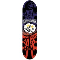 Foundation Fowler Lightning War skateboard deck: Cartoon flexed muscular arm with lightning inside a white cloud, with stars and radiating rays beneath, on a purple, black and red gradient, with the rider name in vintage lettering at the top.