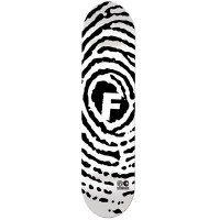Foundation Skate Crime black/White skateboard deck: Large fingerprint pattern in black and white with a bold letter F in the centre.