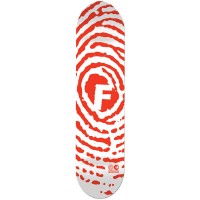 Foundation Skate Crime Red/White skateboard deck: Giant red and white fingerprint swirl covering the deck, with a bold white F letter in a red circle at its centre and a small circular logo near the tail.