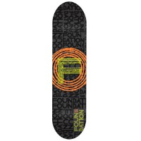 Foundation Heroes Logo skateboard deck: Dark grey deck with repeating FOUNDATION lettering as a tonal background, and a green angular F logo inside concentric orange rings at the centre. FOUNDATION is written in green near the tail.