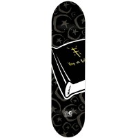 Foundation Bible Black skateboard deck: Large black book with a gold cross and handwritten gold lettering on the cover, set over a black background patterned with grey crescent moons and stars.