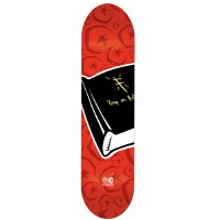 Foundation Bible Red skateboard deck: Large black book with a gold cross and handwritten gold lettering on the cover, set over a red background patterned with darker red crescent moons and stars.