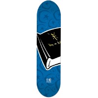 Foundation Bible Blue skateboard deck: Large black book with a gold cross and handwritten gold lettering on the cover, set over a blue background patterned with darker blue crescent moons and stars.