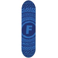 Foundation Zinester Blue PP skateboard deck: Letter F in a solid circle at the centre, surrounded by concentric rings of halftone dots, all in two shades of blue.