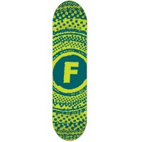 Foundation Zinester Green PP skateboard deck: Letter F in a solid circle at the centre, surrounded by concentric rings of halftone dots, all in lime and dark teal green.