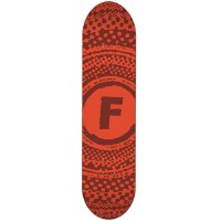 Foundation Zinester Red PP skateboard deck: Letter F in a solid circle at the centre, surrounded by concentric rings of halftone dots, all in two shades of red and orange.