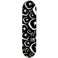 Foundation All Star & Moon Black PP skateboard deck: All-over pattern of white sketchy stars and crescent moons, some inside hexagon outlines, on black, with a small logo near the lower end.