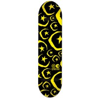 Foundation All Star & Moon Yellow PP skateboard deck: All-over pattern of yellow sketchy stars and crescent moons, some inside hexagon outlines, on black, with a small logo near the lower end.