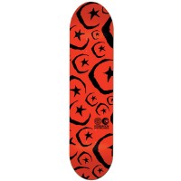 Foundation All Star & Moon Red PP skateboard deck: All-over pattern of black sketchy stars and crescent moons, some inside hexagon outlines, on red, with a small logo near the lower end.