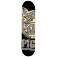 Pig Wheels Bling PP skateboard deck: Large Pig head logo in gold outline over a grey diamond-studded bling pattern, cropped off the edges, with a chunky gold-edged PIG wordmark across the bottom on a black deck.