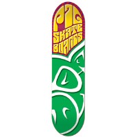 Pig Wheels Hippie PP skateboard deck: White deck with a large green cartoon pig face outlined in white across the lower half. A yellow psychedelic-style Pig Skateboards logo with purple outline fills the top, in 1960s poster lettering.