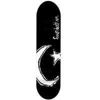 Foundation Gigantic Splendor Black skateboard deck: Black deck with a large white sketchy crescent moon and star at the lower half, and the handwritten word foundation running up the right side in white.