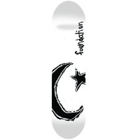 Foundation Gigantic Splendor White skateboard deck: White deck with a large black sketchy crescent moon and star at the lower half, and the handwritten word foundation running up the right side in black.
