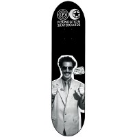 Foundation Nice skateboard deck: Black deck with Foundation logos and wordmark at the top and a black and white photo cut-out of a smiling man in a light suit and sunglasses giving two thumbs up, with a small speech bubble beside him.