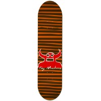 Toy Machine Stripe Monster Orange PP skateboard deck: Brown deck with wavy horizontal orange stripes. A red Toy Machine monster with horns and a jagged mouth sits in the centre above the white script Toy Machine.