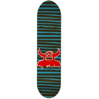 Toy Machine Stripe Monster Blue PP skateboard deck: Dark deck with wavy horizontal blue stripes. A red Toy Machine monster with horns and a jagged mouth sits in the centre above the white script Toy Machine.